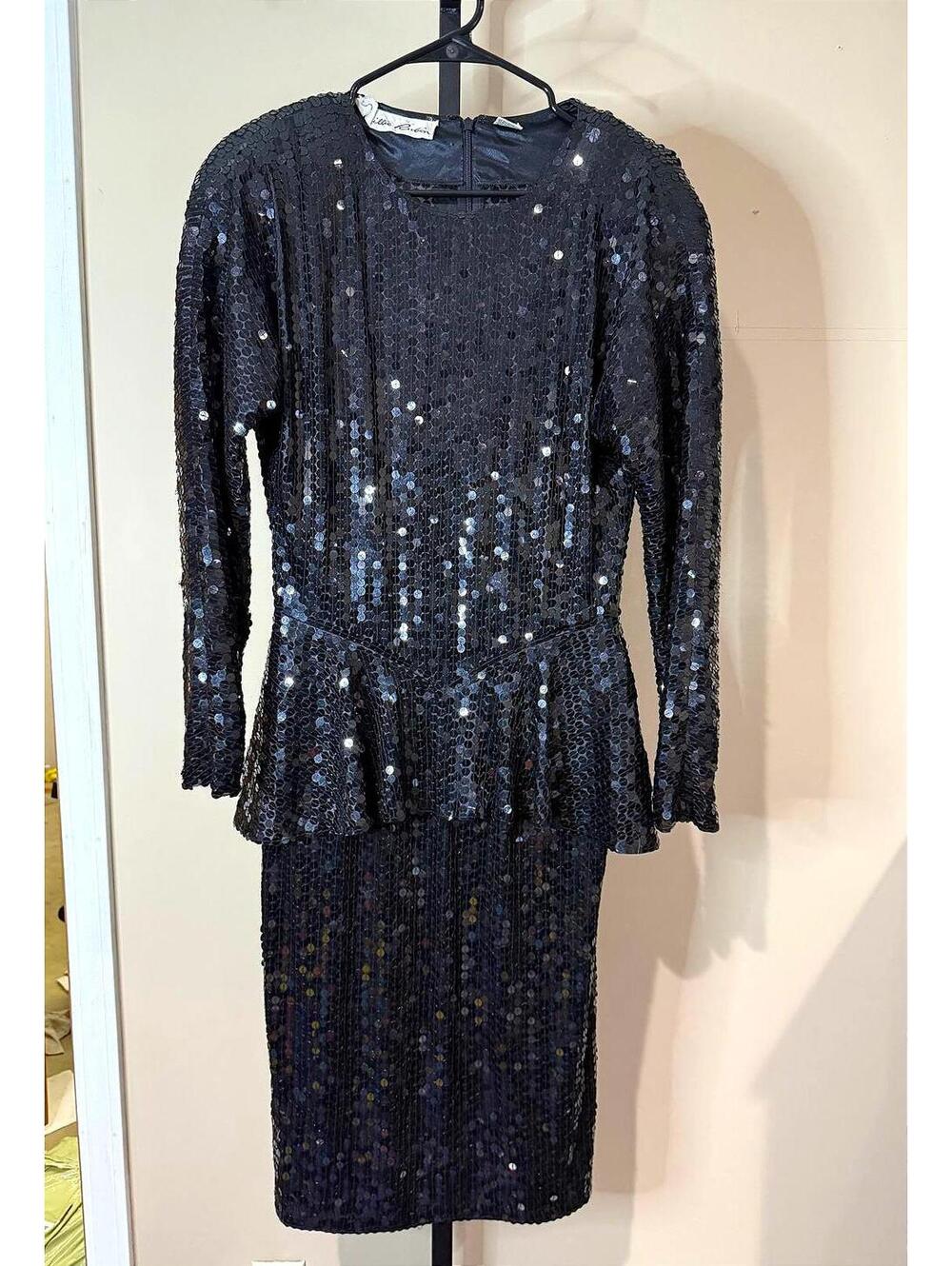 80s Black Long Sleeve Sequin Peplum Dress Lillie Rubin Vintage